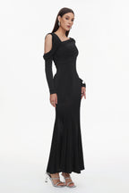 Asymmetric Cold Cutout Shoulder Long Sleeve Draped Neck Slim Fit Mermaid Floor Length Maxi Gown