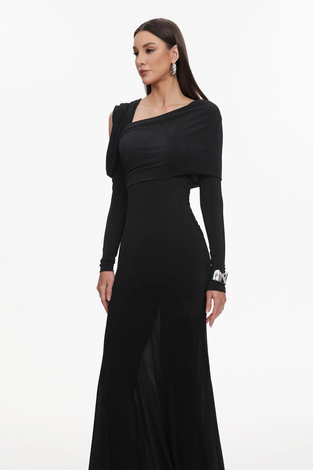 Asymmetric Cold Cutout Shoulder Long Sleeve Draped Neck Slim Fit Mermaid Floor Length Maxi Gown