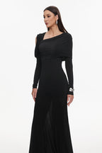Asymmetric Cold Cutout Shoulder Long Sleeve Draped Neck Slim Fit Mermaid Floor Length Maxi Gown