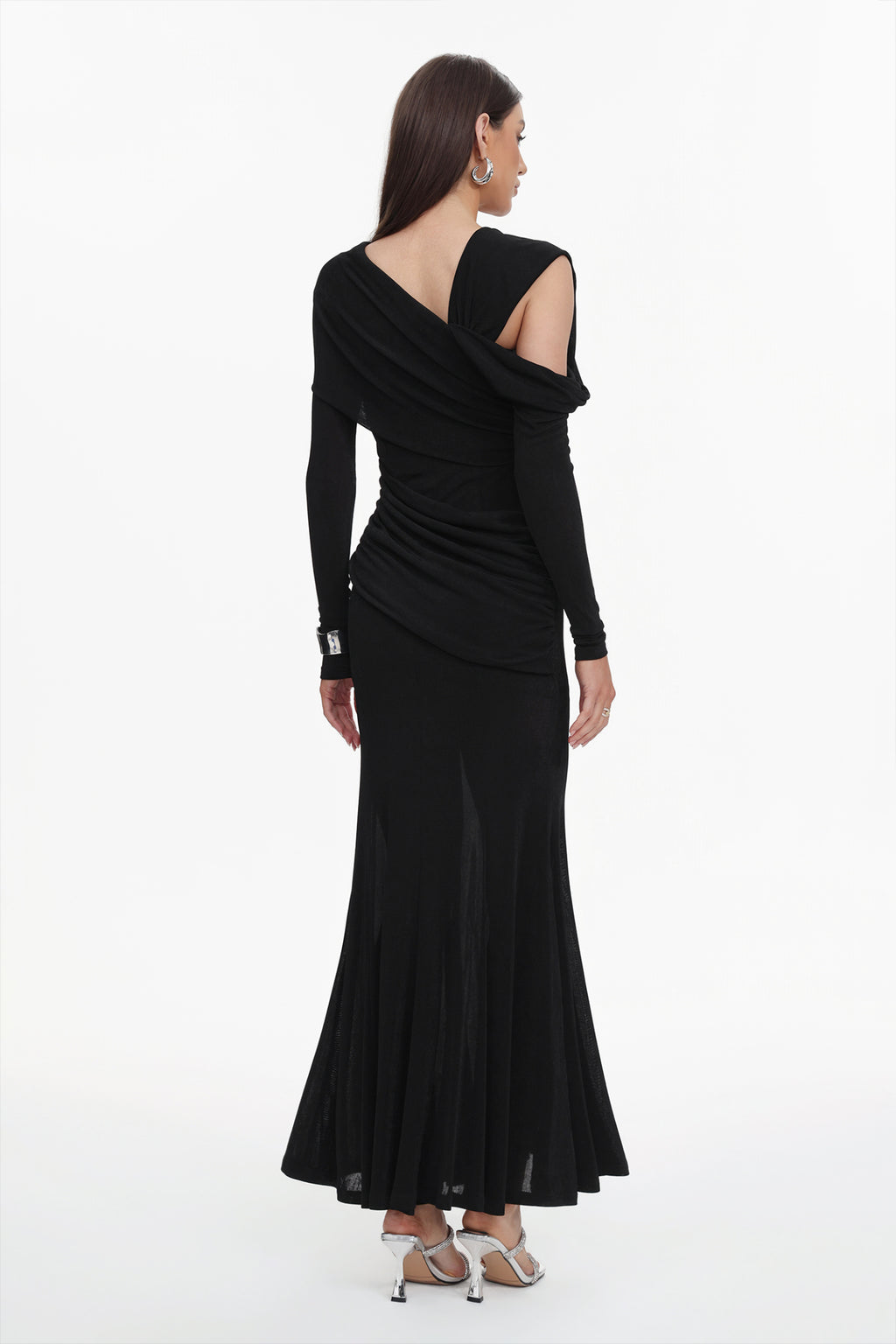 Asymmetric Cold Cutout Shoulder Long Sleeve Draped Neck Slim Fit Mermaid Floor Length Maxi Gown