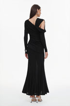 Asymmetric Cold Cutout Shoulder Long Sleeve Draped Neck Slim Fit Mermaid Floor Length Maxi Gown