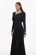 Asymmetric Cold Cutout Shoulder Long Sleeve Draped Neck Slim Fit Mermaid Floor Length Maxi Gown - MAYMOONLY
