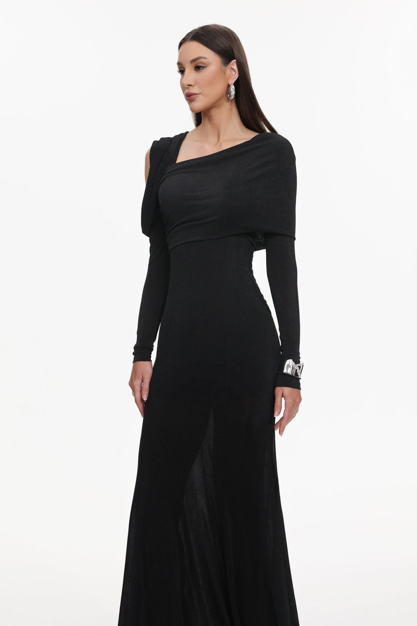 Asymmetric Cold Cutout Shoulder Long Sleeve Draped Neck Slim Fit Mermaid Floor Length Maxi Gown - MAYMOONLY