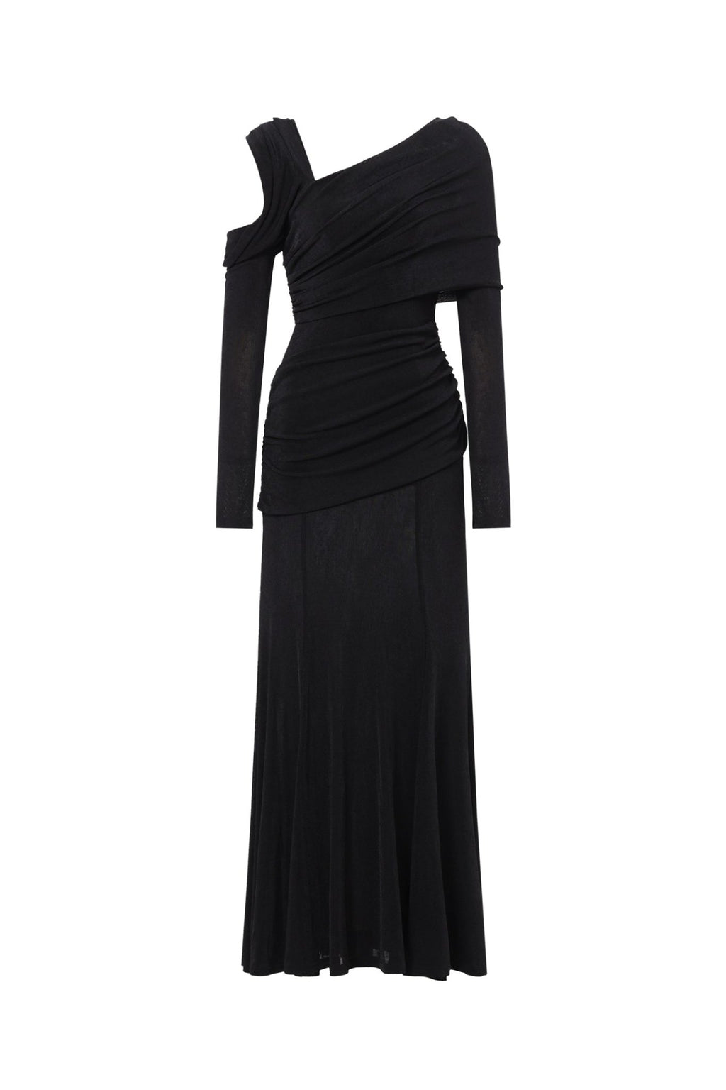 Asymmetric Cold Cutout Shoulder Long Sleeve Draped Neck Slim Fit Mermaid Floor Length Maxi Gown - MAYMOONLY