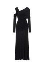 Asymmetric Cold Cutout Shoulder Long Sleeve Draped Neck Slim Fit Mermaid Floor Length Maxi Gown - MAYMOONLY