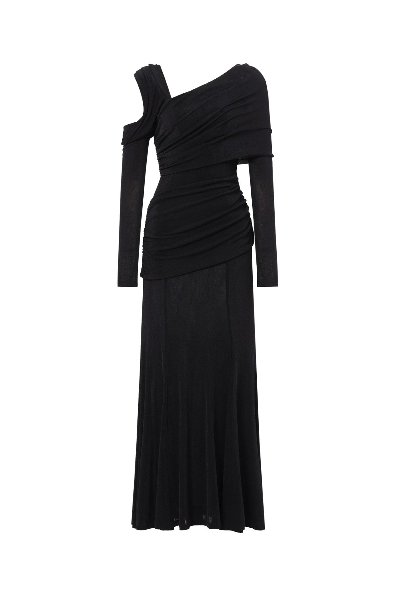 Asymmetric Cold Cutout Shoulder Long Sleeve Draped Neck Slim Fit Mermaid Floor Length Maxi Gown - MAYMOONLY