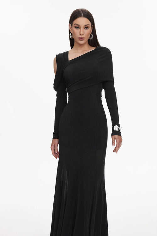 Asymmetric Cold Cutout Shoulder Long Sleeve Draped Neck Slim Fit Mermaid Floor Length Maxi Gown - MAYMOONLY