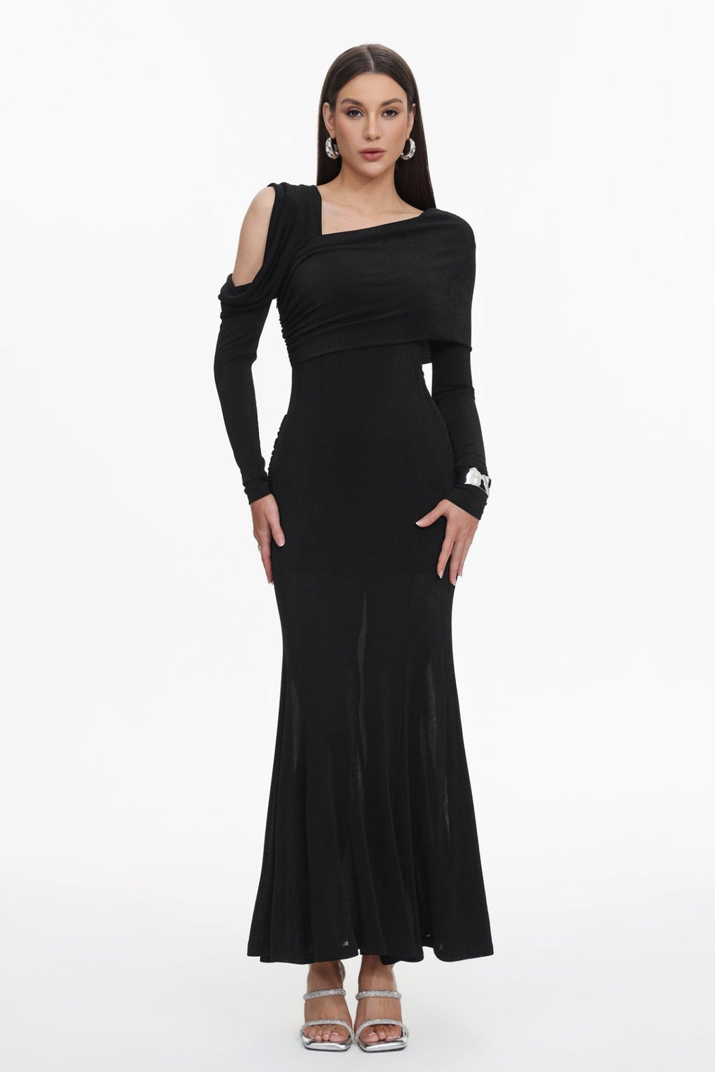 Asymmetric Cold Cutout Shoulder Long Sleeve Draped Neck Slim Fit Mermaid Floor Length Maxi Gown - MAYMOONLY