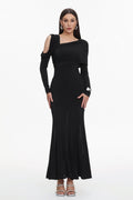 Asymmetric Cold Cutout Shoulder Long Sleeve Draped Neck Slim Fit Mermaid Floor Length Maxi Gown - MAYMOONLY