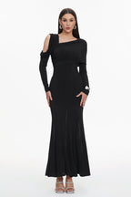 Asymmetric Cold Cutout Shoulder Long Sleeve Draped Neck Slim Fit Mermaid Floor Length Maxi Gown - MAYMOONLY