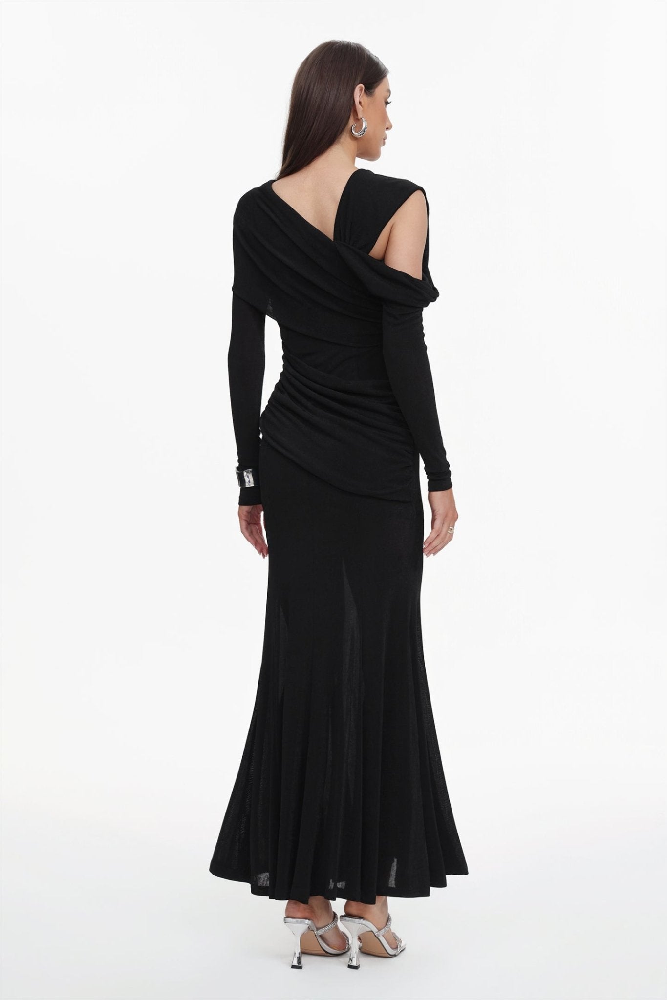 Asymmetric Cold Cutout Shoulder Long Sleeve Draped Neck Slim Fit Mermaid Floor Length Maxi Gown - MAYMOONLY