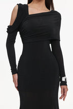 Asymmetric Cold Cutout Shoulder Long Sleeve Draped Neck Slim Fit Mermaid Floor Length Maxi Gown - MAYMOONLY