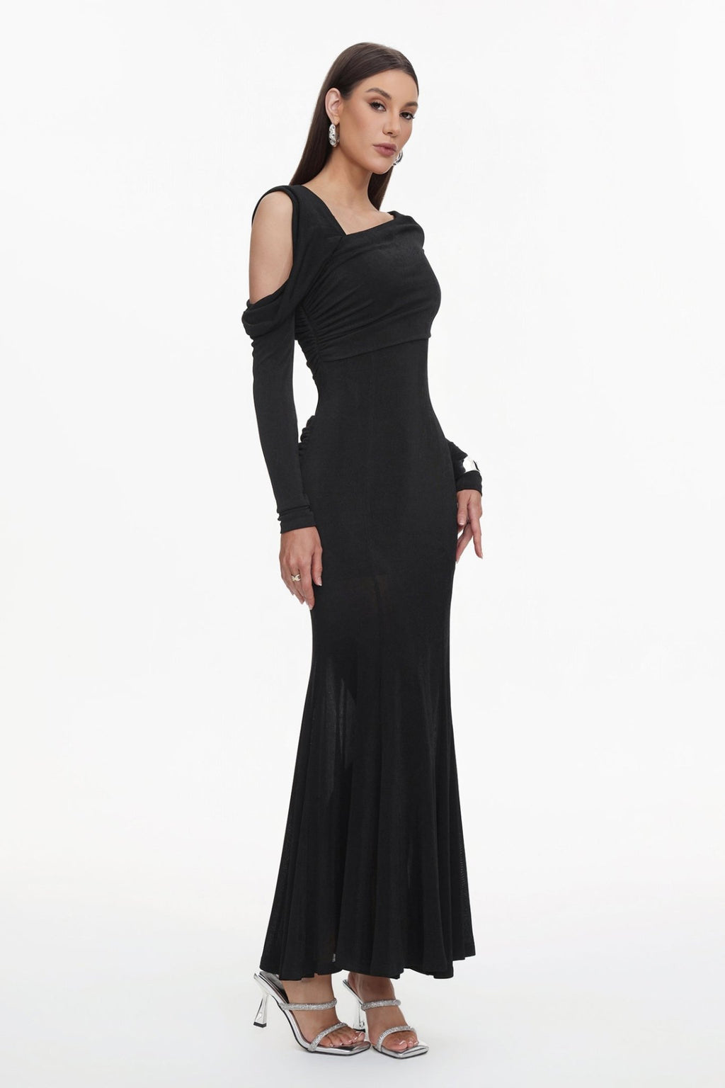 Asymmetric Cold Cutout Shoulder Long Sleeve Draped Neck Slim Fit Mermaid Floor Length Maxi Gown - MAYMOONLY
