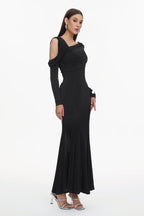 Asymmetric Cold Cutout Shoulder Long Sleeve Draped Neck Slim Fit Mermaid Floor Length Maxi Gown - MAYMOONLY