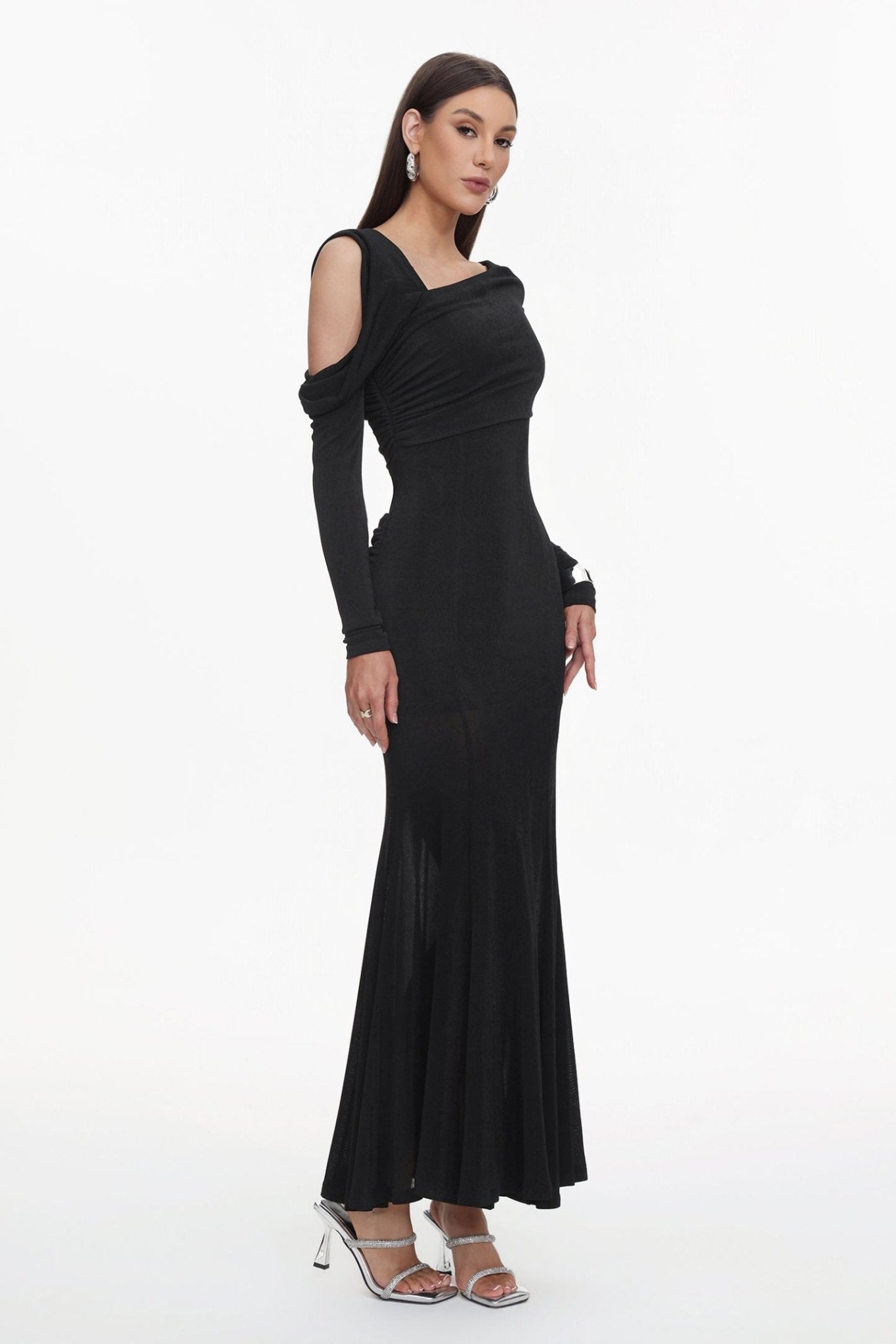 Asymmetric Cold Cutout Shoulder Long Sleeve Draped Neck Slim Fit Mermaid Floor Length Maxi Gown - MAYMOONLY