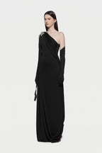Asymmetric Single Shoulder Diagonal Ruched Slim Fit Floor Length Dress - MAYMOONLY