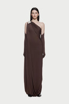Asymmetric Single Shoulder Diagonal Ruched Slim Fit Floor Length Dress - MAYMOONLY