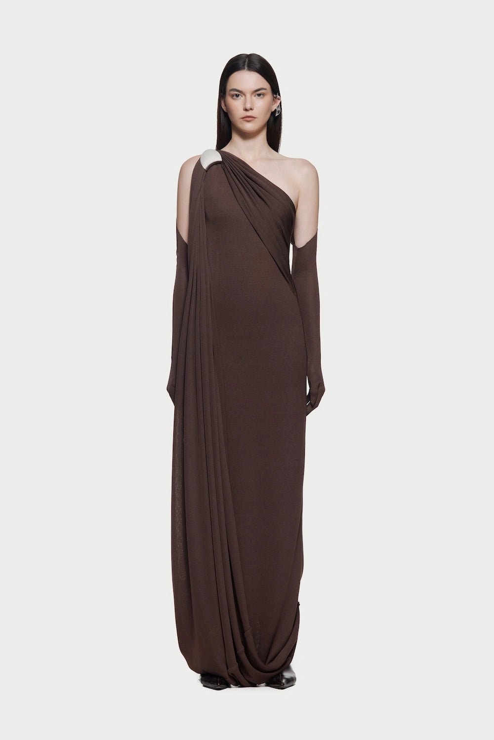 Asymmetric Single Shoulder Diagonal Ruched Slim Fit Floor Length Dress - MAYMOONLY