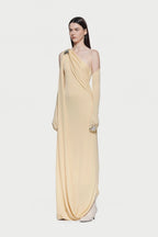 Asymmetric Single Shoulder Diagonal Ruched Slim Fit Floor Length Dress - MAYMOONLY