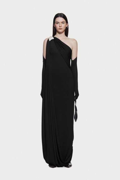 Asymmetric Single Shoulder Diagonal Ruched Slim Fit Floor Length Dress - MAYMOONLY