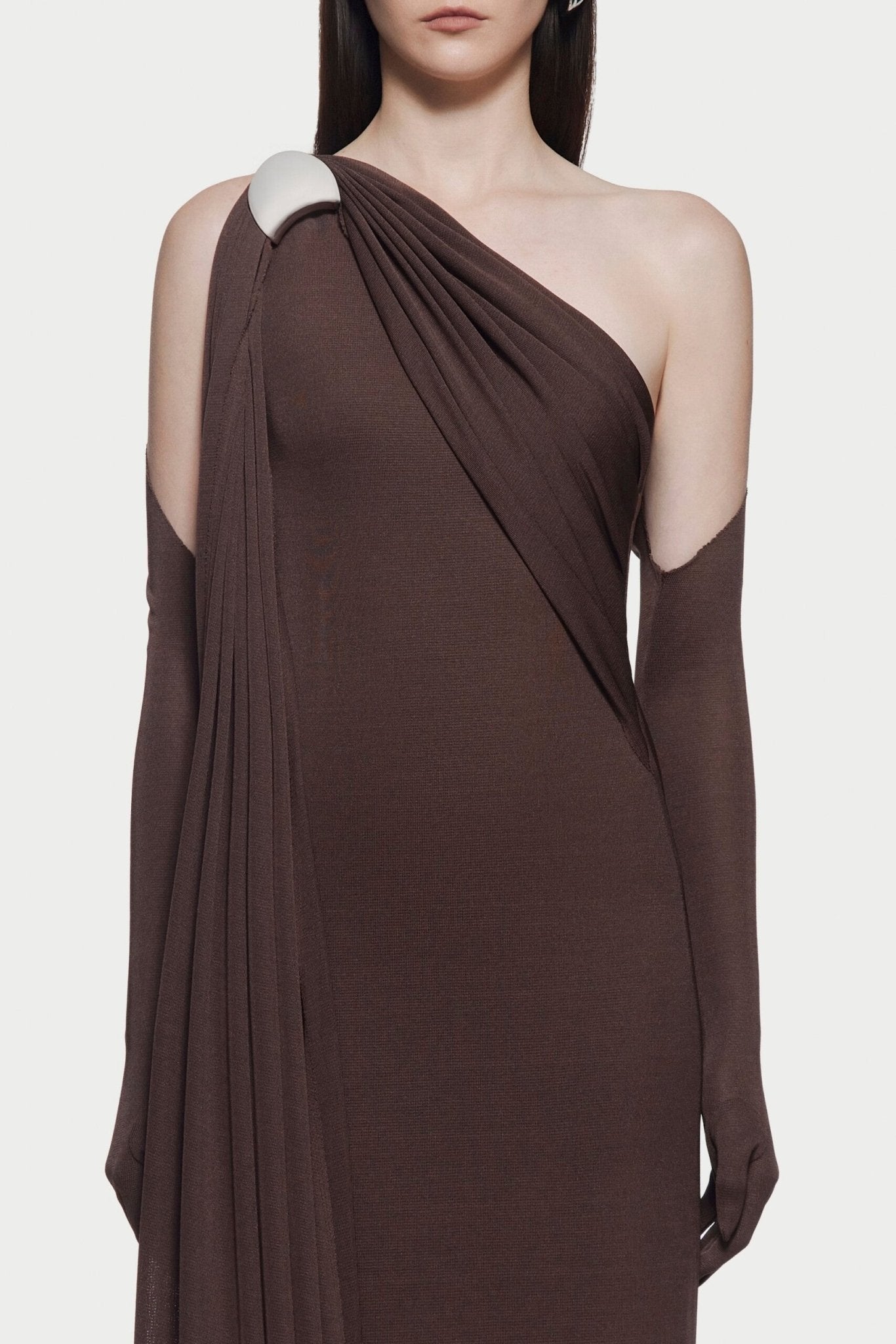 Asymmetric Single Shoulder Diagonal Ruched Slim Fit Floor Length Dress - MAYMOONLY