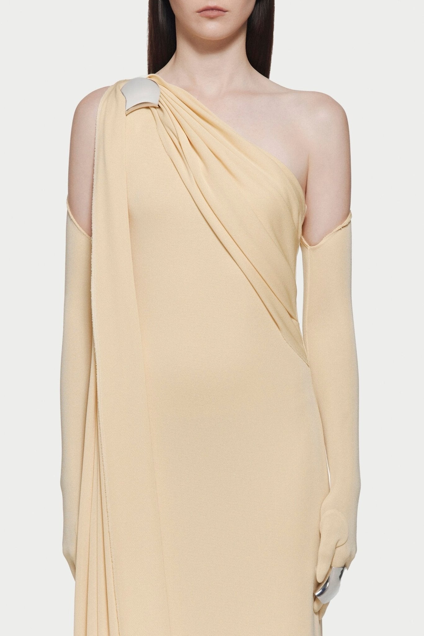 Asymmetric Single Shoulder Diagonal Ruched Slim Fit Floor Length Dress - MAYMOONLY