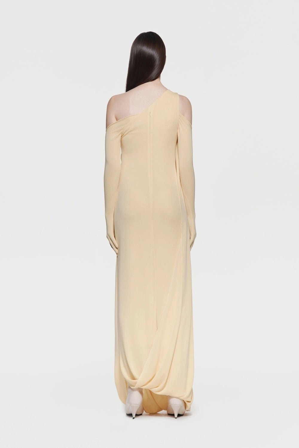 Asymmetric Single Shoulder Diagonal Ruched Slim Fit Floor Length Dress - MAYMOONLY