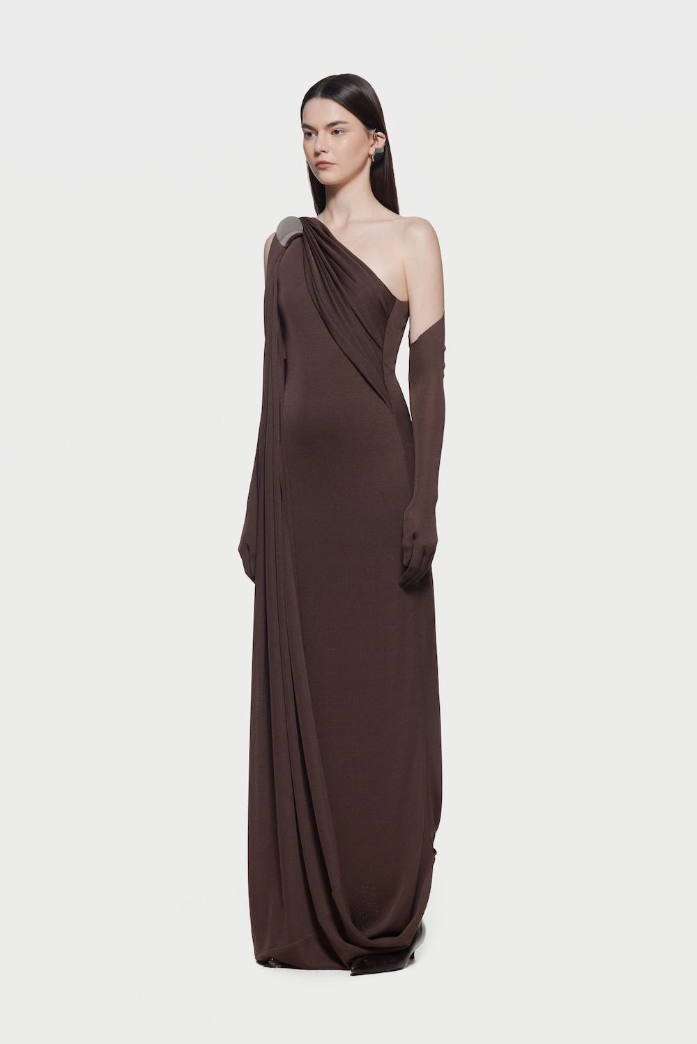 Asymmetric Single Shoulder Diagonal Ruched Slim Fit Floor Length Dress - MAYMOONLY
