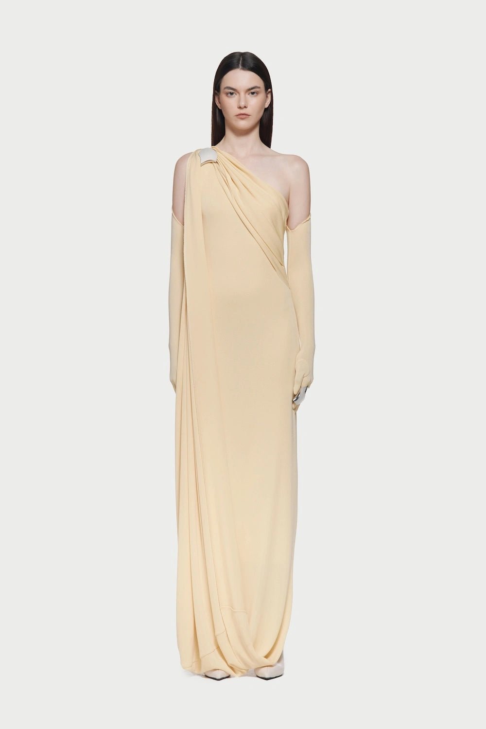 Asymmetric Single Shoulder Diagonal Ruched Slim Fit Floor Length Dress - MAYMOONLY