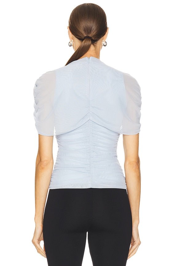 Asymmetric Wrap Stretch Mesh Short Sleeve Blouse - MAYMOONLY