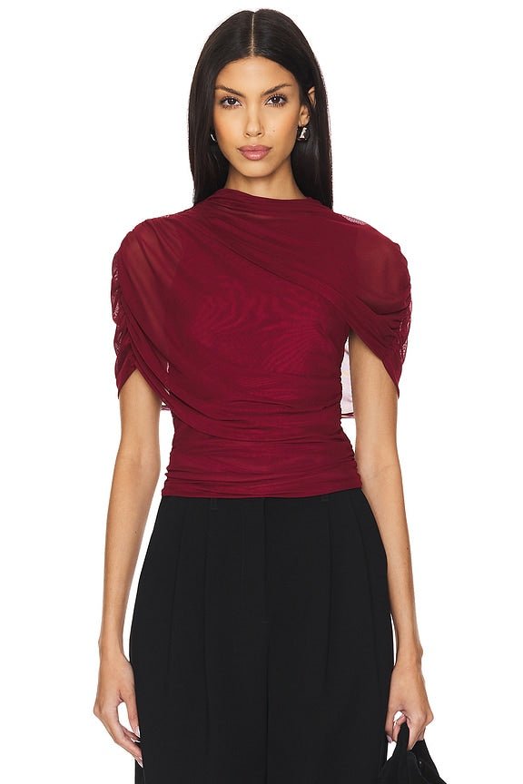 Asymmetric Wrap Stretch Mesh Short Sleeve Blouse - MAYMOONLY