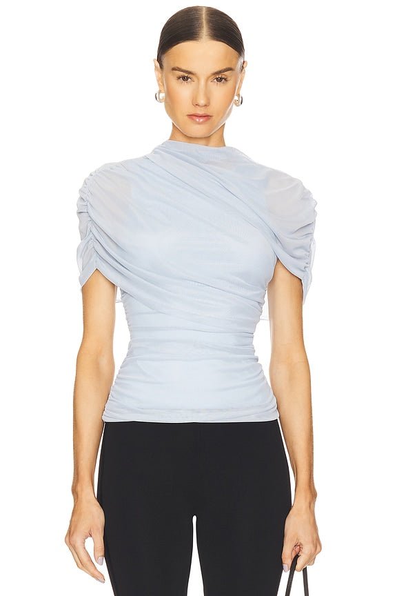 Asymmetric Wrap Stretch Mesh Short Sleeve Blouse - MAYMOONLY