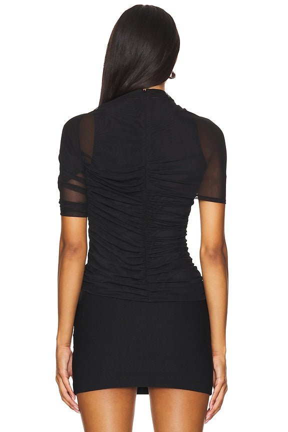 Asymmetric Wrap Stretch Mesh Short Sleeve Blouse - MAYMOONLY