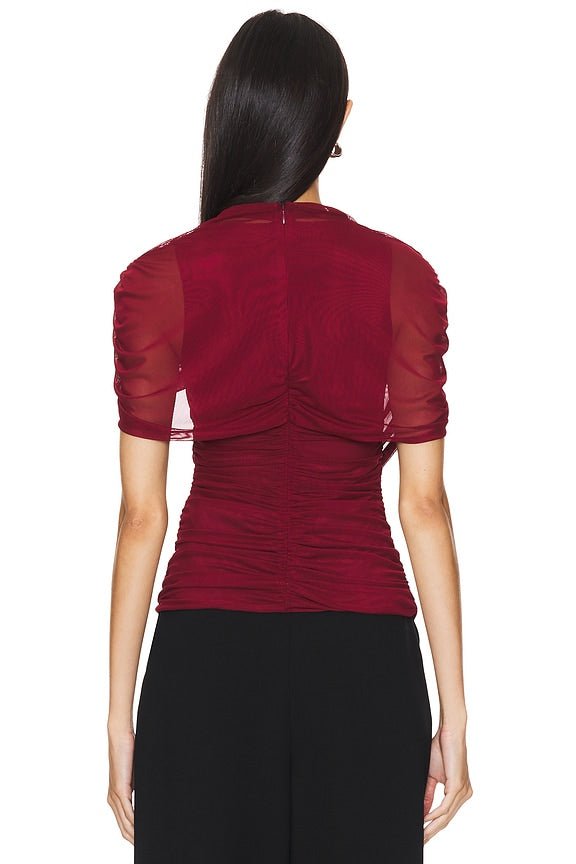 Asymmetric Wrap Stretch Mesh Short Sleeve Blouse - MAYMOONLY