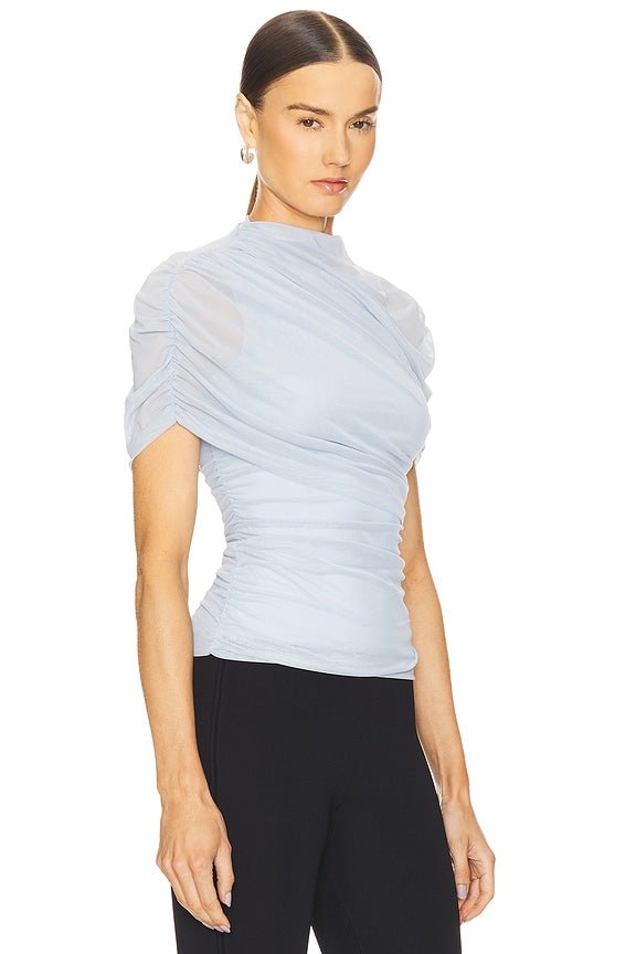 Asymmetric Wrap Stretch Mesh Short Sleeve Blouse - MAYMOONLY