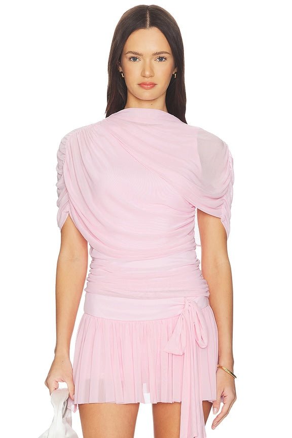 Asymmetric Wrap Stretch Mesh Short Sleeve Blouse - MAYMOONLY