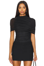 Asymmetric Wrap Stretch Mesh Short Sleeve Blouse - MAYMOONLY
