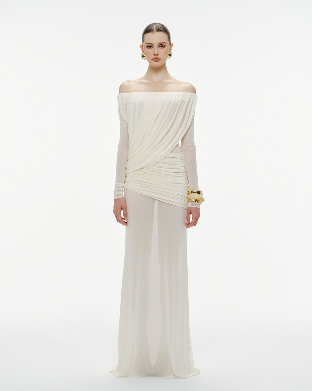 Bardot Neck Asymmetric Diagonal Draped Ruched Waist Sheer Skirt Formal Dress - MAYMOONLY