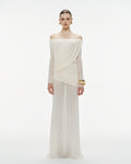 Bardot Neck Asymmetric Diagonal Draped Ruched Waist Sheer Skirt Formal Dress - MAYMOONLY