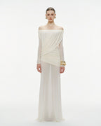 Bardot Neck Asymmetric Diagonal Draped Ruched Waist Sheer Skirt Formal Dress - MAYMOONLY