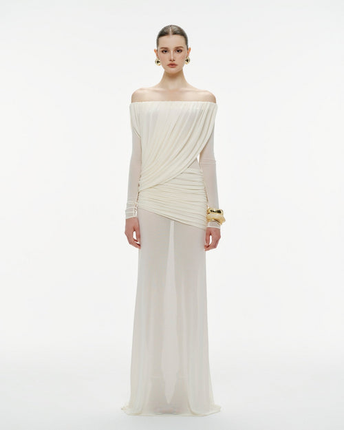 Bardot Neck Asymmetric Diagonal Draped Ruched Waist Sheer Skirt Formal Dress - MAYMOONLY