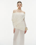 Bardot Neck Asymmetric Diagonal Draped Ruched Waist Sheer Skirt Formal Dress - MAYMOONLY