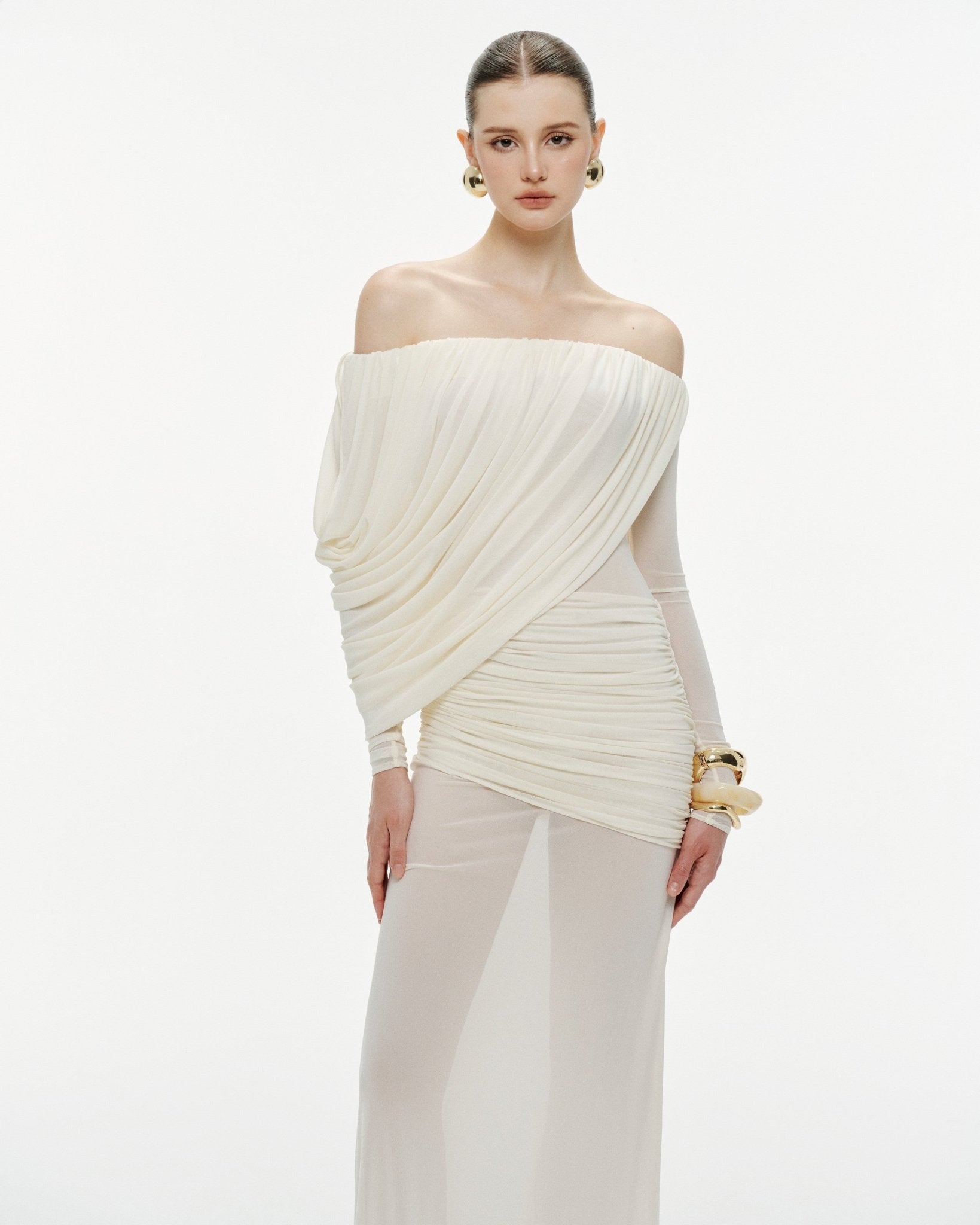 Bardot Neck Asymmetric Diagonal Draped Ruched Waist Sheer Skirt Formal Dress - MAYMOONLY