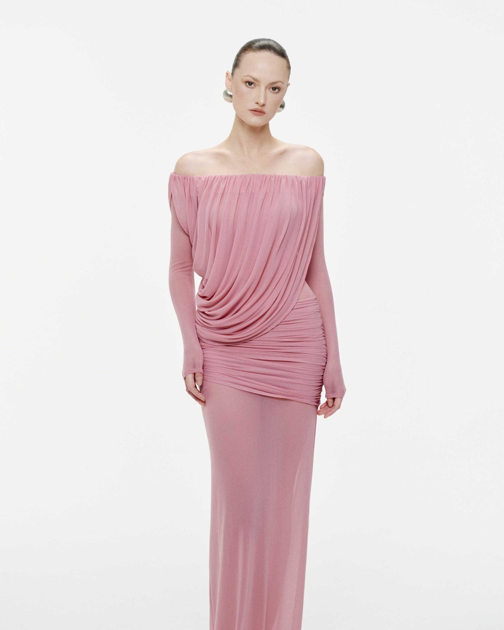 Bardot Neck Asymmetric Diagonal Draped Ruched Waist Sheer Skirt Formal Dress - MAYMOONLY