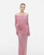 Bardot Neck Asymmetric Diagonal Draped Ruched Waist Sheer Skirt Formal Dress - MAYMOONLY