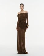 Bardot Neck Asymmetric Diagonal Draped Ruched Waist Sheer Skirt Formal Dress - MAYMOONLY