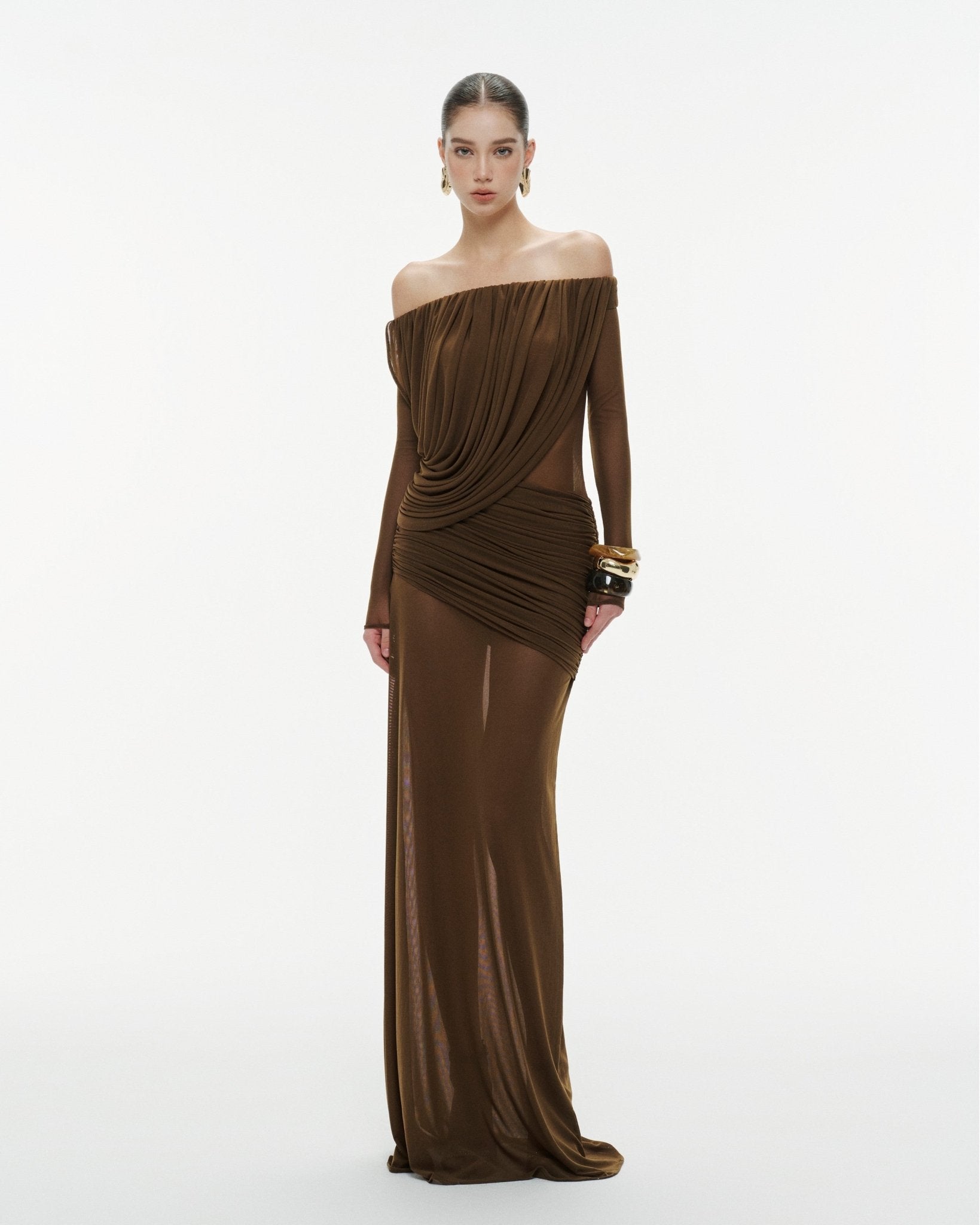 Bardot Neck Asymmetric Diagonal Draped Ruched Waist Sheer Skirt Formal Dress - MAYMOONLY