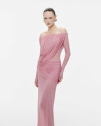 Bardot Neck Asymmetric Diagonal Draped Ruched Waist Sheer Skirt Formal Dress - MAYMOONLY