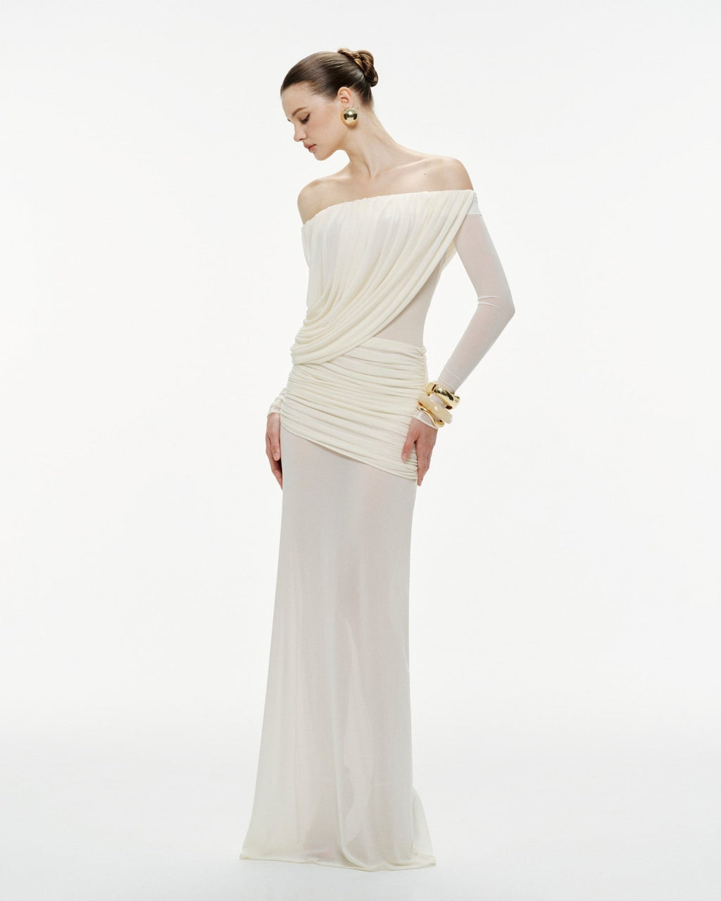 Bardot Neck Asymmetric Diagonal Draped Ruched Waist Sheer Skirt Formal Dress - MAYMOONLY
