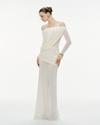 Bardot Neck Asymmetric Diagonal Draped Ruched Waist Sheer Skirt Formal Dress - MAYMOONLY
